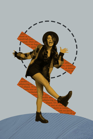 Exclusive image vertical photo collage of happy girl dance weekend occasion event celebration discotheque party occasionの写真素材