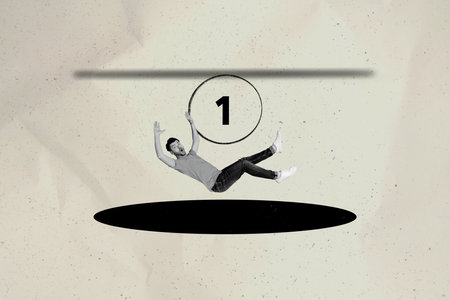 Contemporary artwork collage of astonished man fall hole doodle first place medal goal achievement winner development conceptの写真素材