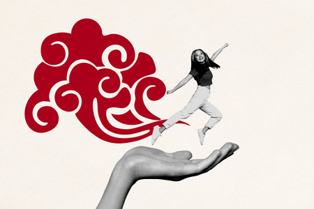 Photo collage trend sketch template artwork of copyspace big hand hold young lady jump flu oriental national eastern tradition cloud skyの写真素材