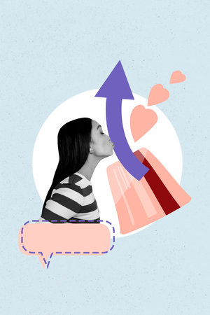 Vertical contemporary photo collage of happy girl kiss card deposit income heart arrow progress...
