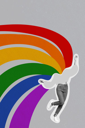 Template sketch image composite artwork collage of demonstration freedom rainbow gender pride rights minorities young lady no head standの写真素材