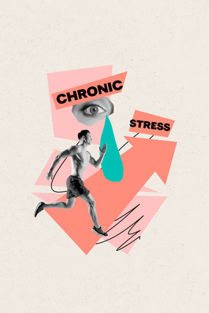 Vertical photo collage of serious shirtless man jogging arrow determination chronic stress psychotherapy isolated on painted backgroundの写真素材