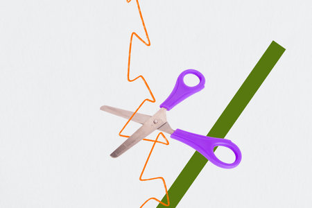 Art image composite photo collage of hand hold scissors cut textile needle designer handiwork hairdresser beauty salon procedureの写真素材