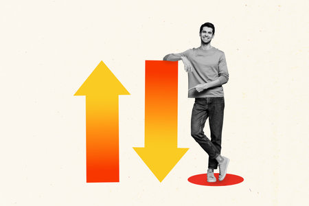 3d sketch poster trend art collage image of happy businessman stand arrow development goal achievement opportunity progressの写真素材