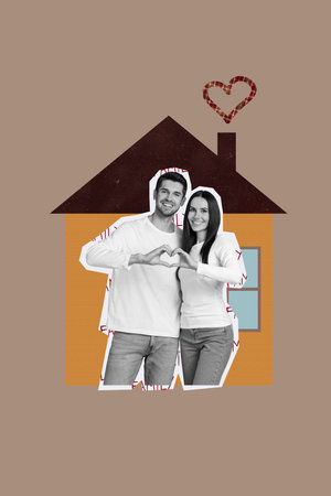 Poster sketch image artwork photo collage of couple smila young lady man heart gesture hand soulmate romantic day holiday bonding new homeの写真素材