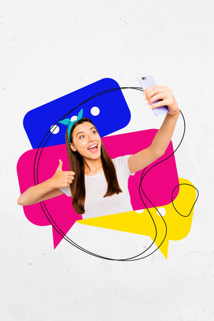 Template sketch image composite artwork collage of young woman smile thumb up like hand hold smartphone selfie textbox bubble chattingの写真素材