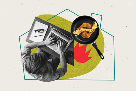 Trend artwork composite photo collage design of remote profession business hiring employment young man type computer fried potato chickenの写真素材