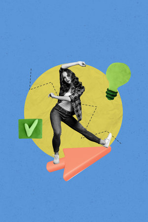 Pop collage of happy girl dance arrows cursor with bulb on blue color backgroundの写真素材