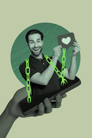 Poster photo vertical collage of happy man peek phone screen hold heart icon blogging popular content line wear chain addictionの写真素材