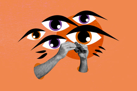 Art 3d sketch collage of headless human hands hold binoculars zoom eyeball stare espionage concept stalker supervision artの写真素材