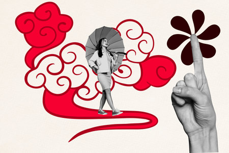 Composite 3D collage design trend sketch of outdoors young lady walk way hold umbrella finger point up japan cultural national traditionの写真素材