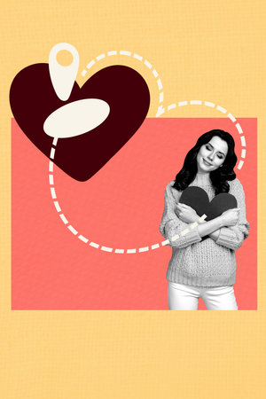 Trend artwork collage template sketch of young lady stand hand hugs heart romantic relationships...
