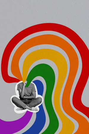 Composite image montage trend artwork 3D collage of young person woman sit down without head love community June equality LGBT rainbowの写真素材