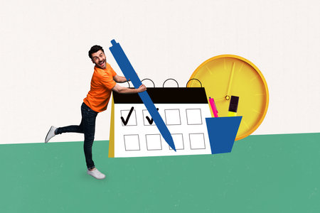 Composite artwork photo collage sketch of young man smile stand hold pen tick done schedule clock...