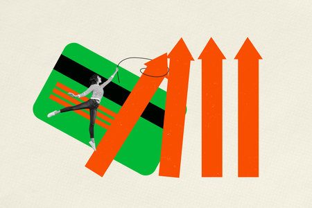 3D photo collage trend sketch template artwork of bank credit card young woman hang rope arrow up rich earnings savings trade bank economyの写真素材