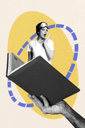 Composite artwork photo collage template sketch of hand body language showing open book young lady yawn bedroom rest goodnight nightwearの写真素材