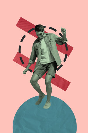 Vertical sketch 3d collage poster of happy man dance relax party concert performance celebration music entertainment eventの写真素材