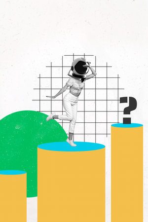 3D collage design trend sketch of travel global trip abroad tourism young woman stand platform wear astronaut helmet research way questionの写真素材
