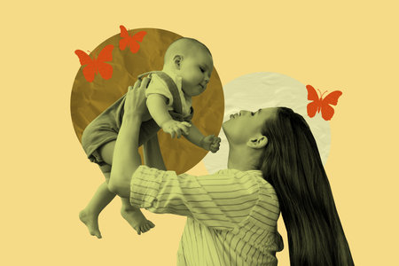 Template sketch trend 3D photo collage of young woman hand hold newborn baby mother day season gratitude holiday butterflyの写真素材