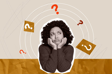 Composite art 3d creative image collage of serious american girl think question mark contemplation concept strategy planの写真素材