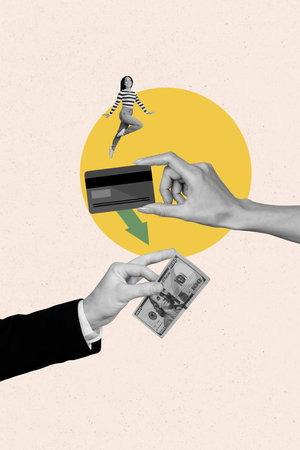 Vertical contemporary photo collage of happy business girl run hands hold credit card deposit dollar banknote earnings capitalの写真素材