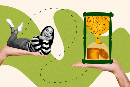 3d sketch poster trend collage image of happy business girl sit hourglass limit coin income usd...
