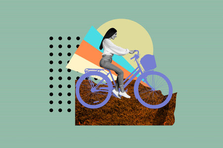 Trend artwork banner sketch 3D photo collage of weekend abroad travel destination way point young lady ride bike outdoors happy smileの写真素材
