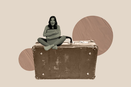 Composite 3D collage trend template design of tourist global vacation trip agency weekend voyage young lady sit big size baggage hold bagの写真素材