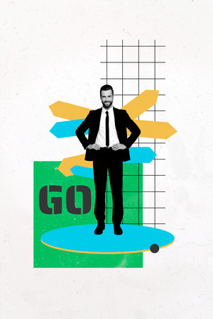 Exclusive image vertical collage of happy businessman stand colorful arrow pointer go development success aim achievementの写真素材