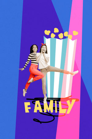 Trend artwork sketch design montage 3D collage of junkfood film cinema entertainment two lady sister excited jump family relationships dayの写真素材