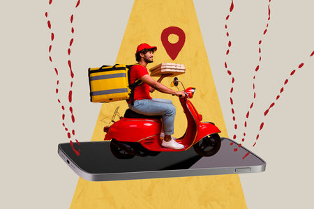 Template sketch trend artwork 3D collage of smartphone display young man ride moped location pizza bag shopping service buy delivery postの写真素材