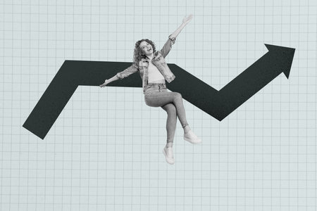 Composite trendy magazine photo collage of happy businesswoman jump arrow development statistics...