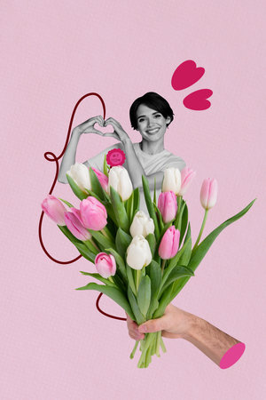 Trend artwork 3D collage of hand hold tulip bouquet prsent young lady smile hand gesture heart shape international mom gratitude seasonの写真素材
