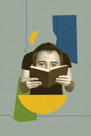 Trend template sketch design 3D photo collage of library student education study book caricature man body hand hold book read big headの写真素材