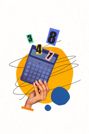 Zine creative vertical photo collage of hand hold calculator tool numbers economy profit concept...