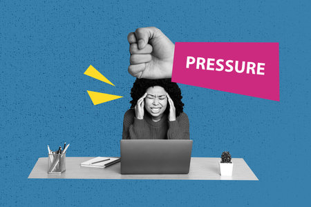 Trend artwork composite banner photo collage of young lady sit hand fist pressure work laptop hiring...