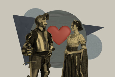 Creative full art collage of two happy feudal soldier wear steel armor duchess girl heart icon...