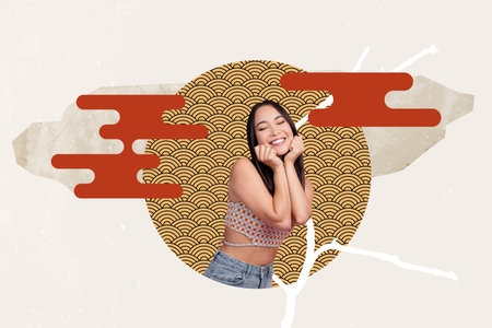 Trend artwork creative sketch 3D collage of japan culture element oriental national ornament model posing young lady smile wooden branchの写真素材