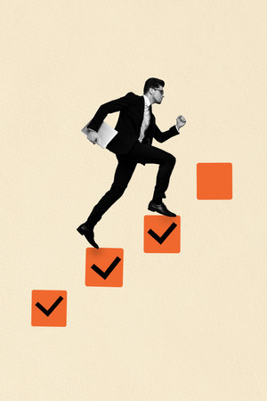 Art image vertical photo collage of serious businessman run check mark symbol career development concept approval deal carry laptopの写真素材