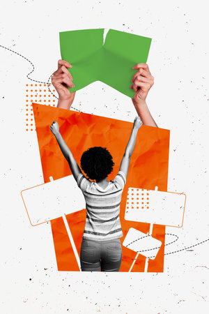 Poster sketch image artwork 3D photo collage of young lady stand back hand hold sheet break vote resources picket leader support strongの写真素材