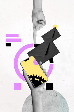 Exclusive image vertical collage of hands hold phone device gearwheel optimization send message...