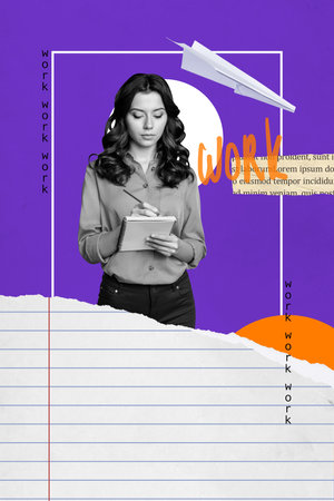 Creative collage of young business lady write down work plane on purple background with sheetsの写真素材