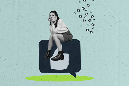 Poster banner collage of girl sit big like button look on falling notification