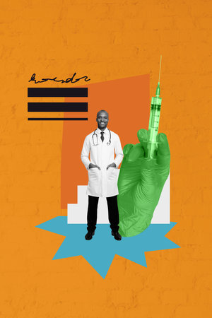 Poster vertical photo collage of happy american man doctor covid booster vaccination syringe...