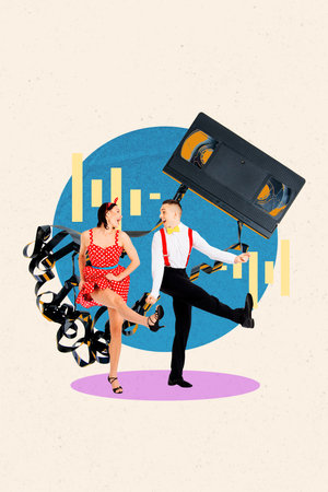 Art image vertical photo collage of two excited girl guy couple dance together pinup party relax nostalgia celebration cassetteの写真素材