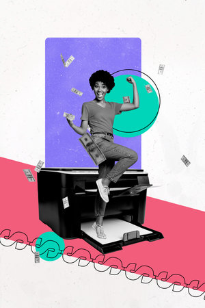 Sketch image trend artwork montage 3D photo collage of young lady success stand smile printer money...