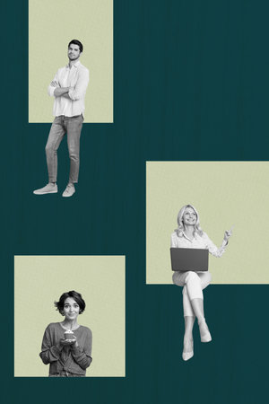Vertical artwork trend collage of happy businesspeople structure development hierarchy concept aim achievement organizationの写真素材