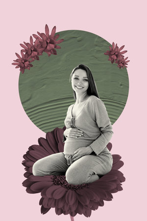 Poster image vertical photo collage of happy pregnant girl hold belly spring holiday gerbera flower...