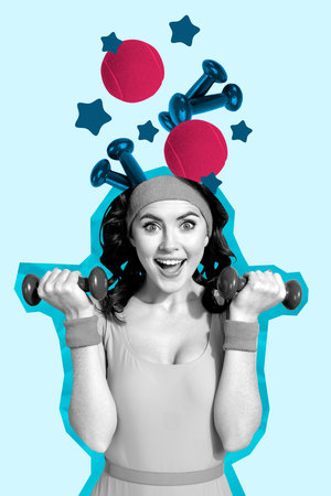 Sketch art 3d creative image collage of happy pinup sportswoman hold dumbbell push gym healthy lifestyle aerobics hobby activityの写真素材