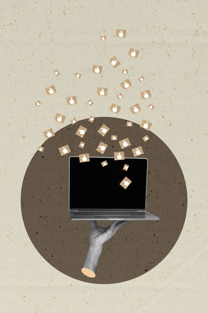 Poster abstract collage hand holding demonstrate netbook with like button fallingの写真素材